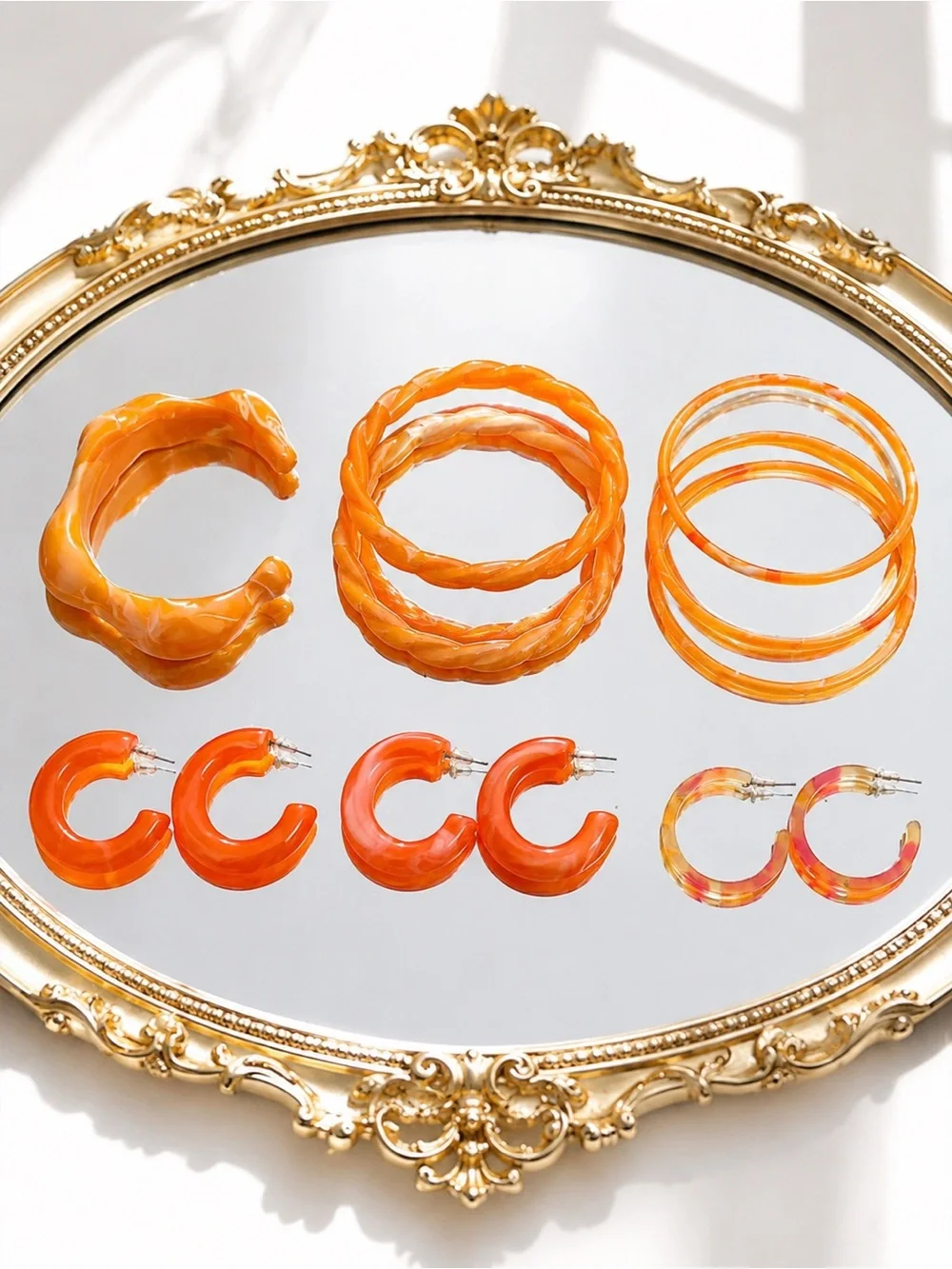 Summer Orange Resin Bracelet Set — Layered Braided & Marbled Bangles